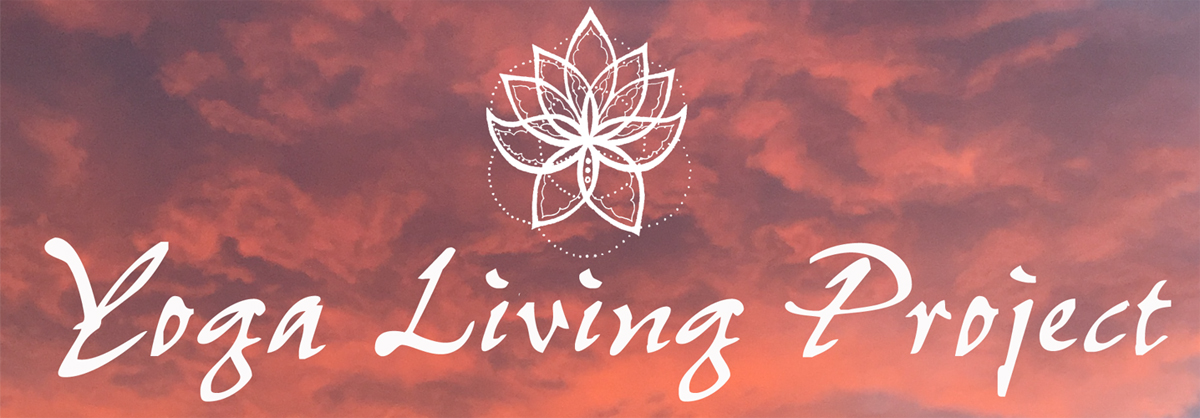 the words Yoga Living Banner over a pink sunset